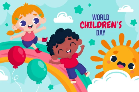 Ilustração de crianças brincando em um arco-íris com balões e sol sorridente para o Dia das Crianças