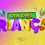 Arte colorida com fundo amarelo e rosa, balões ilustrados e texto em destaque Dia das Crianças