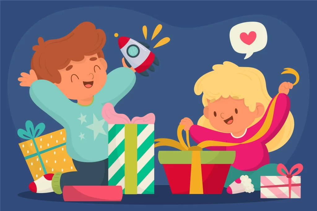 Ilustração de duas crianças sorrindo enquanto abrem caixas de presentes coloridos.