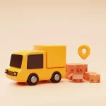 Ilustração 3D de caminhão amarelo de entregas ao lado de caixas e pino de localização