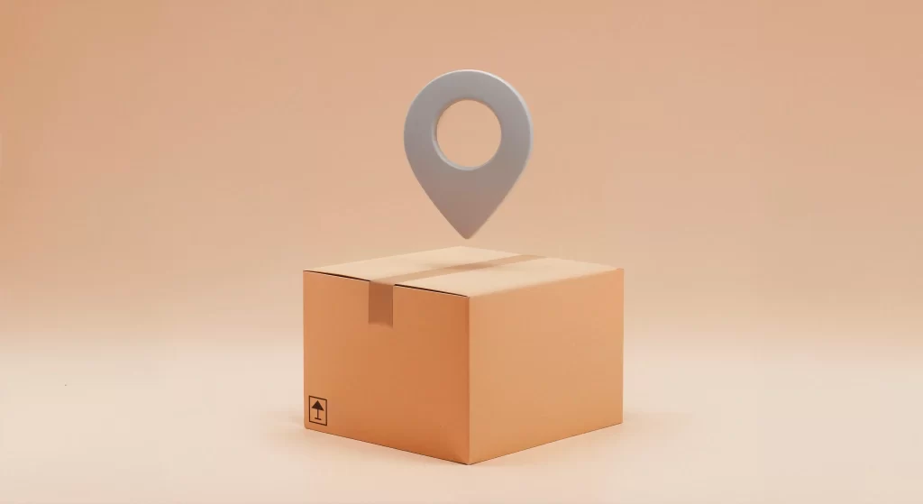 Caixa de entrega grande com uma tag de localização em cima