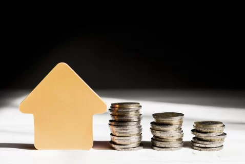 Ícone de casa ao lado de pilhas de moedas empilhadas em diferentes alturas, representando crescimento financeiro e análise de micro-nichos rentáveis