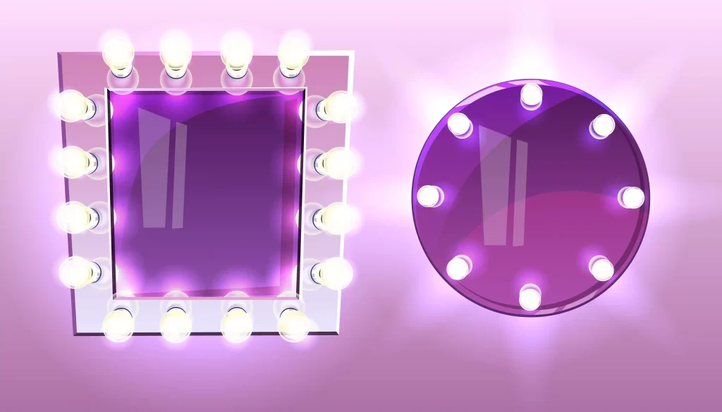 Ilustração de dois espelhos iluminados, um redondo e outro quadrado, cercados por lâmpadas em fundo rosa, representando produtos identificados via pesquisa por imagem