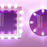 Ilustração de dois espelhos iluminados, um redondo e outro quadrado, cercados por lâmpadas em fundo rosa, representando produtos identificados via pesquisa por imagem