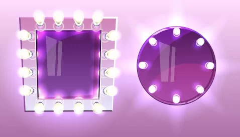 Ilustração de dois espelhos iluminados, um redondo e outro quadrado, cercados por lâmpadas em fundo rosa, representando produtos identificados via pesquisa por imagem