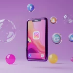 Celular com imagem do Instagram na tela com vários ícones de outras redes sociais dentro de bolhas transparentes em fundo roxo