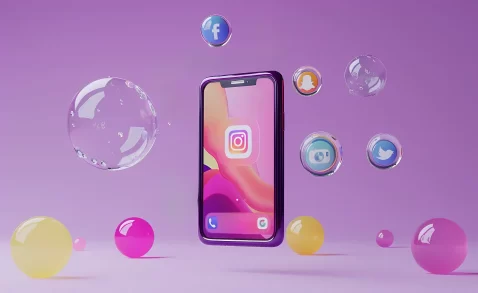 Celular com imagem do Instagram na tela com vários ícones de outras redes sociais dentro de bolhas transparentes em fundo roxo