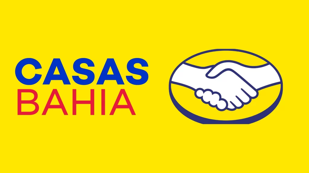 Logotipo da Casas Bahia com o símbolo de aperto de mãos em fundo amarelo, representando a parceria entre Casas Bahia e Mercado Livre