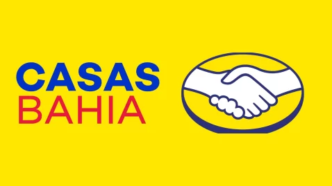 Logotipo da Casas Bahia com o símbolo de aperto de mãos em fundo amarelo, representando a parceria entre Casas Bahia e Mercado Livre