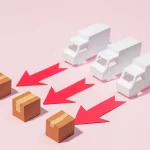 Três caminhões brancos apontados para caixas de papelão com setas vermelhas, simbolizando diferentes opções de entrega e frete no Mercado Livre