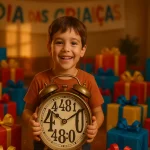 Criança sorridente segurando um relógio vintage grande, cercada por presentes coloridos com laços, em um ambiente decorado com faixa de Dia das Crianças ao fundo