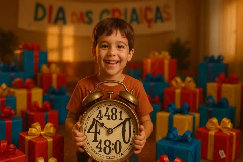 Criança sorridente segurando um relógio vintage grande, cercada por presentes coloridos com laços, em um ambiente decorado com faixa de Dia das Crianças ao fundo