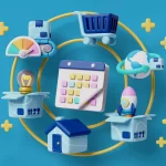 Ilustração 3D com ícones de e-commerce como carrinho de compras, calendário, foguete e globo terrestre, simbolizando o futuro do e-commerce 2026 e suas inovações