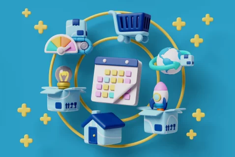 Ilustração 3D com ícones de e-commerce como carrinho de compras, calendário, foguete e globo terrestre, simbolizando o futuro do e-commerce 2026 e suas inovações