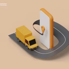 Caminhão amarelo em estrada digital conectada a um smartphone, simbolizando logística e entregas no e-commerce