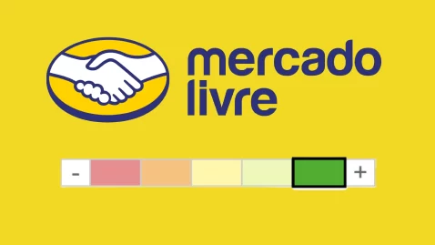 Logo do Mercado Livre com medidor de desempenho colorido, indicando níveis de reputação de vendedores variando do vermelho ao verde