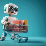 Robô simpático empurrando um carrinho de compras cheio de caixas coloridas, simbolizando o uso de IA no e-commerce para automatizar decisões de compra