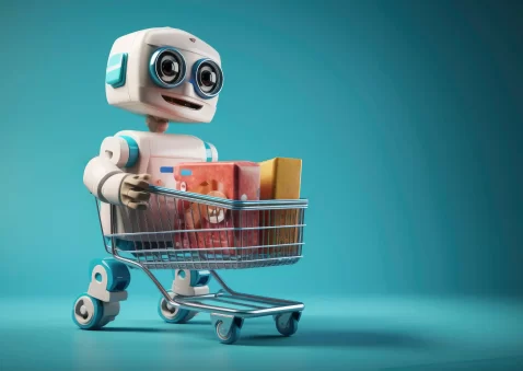 Robô simpático empurrando um carrinho de compras cheio de caixas coloridas, simbolizando o uso de IA no e-commerce para automatizar decisões de compra