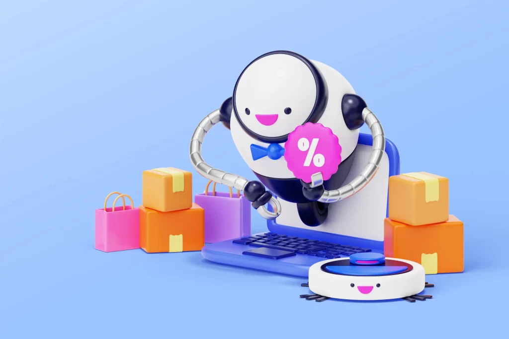 Robô 3D sorridente saindo de um laptop segurando um selo de desconto, com pacotes e sacolas ao redor, representando automação e IA no e-commerce