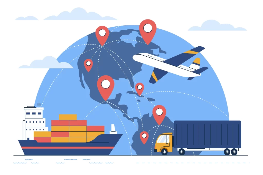 Ilustração de transporte internacional com navio, caminhão e avião sobre o mapa do mundo, simbolizando o fluxo de importação e logística global conectado pela JoomPulse e JoomPro