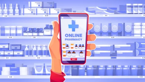 Mão segurando um celular com aplicativo de farmácia online aberto na tela, em frente a prateleiras cheias de medicamentos, representando a expansão do setor farmacêutico no Mercado Livre