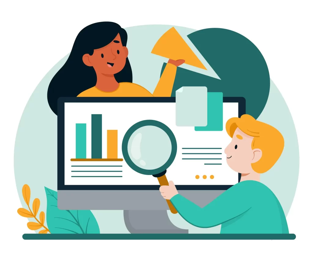 Ilustração de duas pessoas observando gráficos de barras e pizza em um monitor de computador com uma lupa, simbolizando a análise detalhada de dados pelos monitores JoomPulse