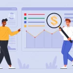 Duas pessoas analisando gráficos e métricas em grandes telas digitais, com uma lupa destacando o símbolo de cifrão, representando o uso dos monitores JoomPulse para acompanhar resultados de vendas