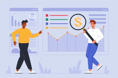 Duas pessoas analisando gráficos e métricas em grandes telas digitais, com uma lupa destacando o símbolo de cifrão, representando o uso dos monitores JoomPulse para acompanhar resultados de vendas