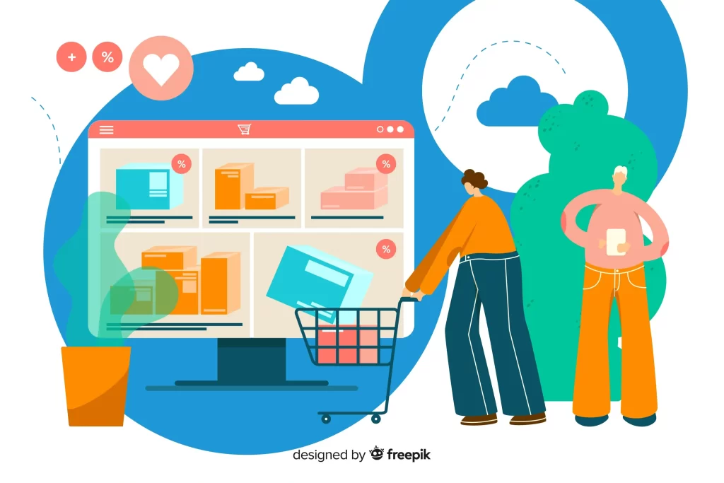Ilustração de pessoas usando carrinho de compras diante de uma tela com produtos e descontos, simbolizando o monitoramento de anúncios e desempenho de produtos no e-commerce com a JoomPulse