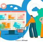 Ilustração de pessoas usando carrinho de compras diante de uma tela com produtos e descontos, simbolizando o monitoramento de anúncios e desempenho de produtos no e-commerce com a JoomPulse