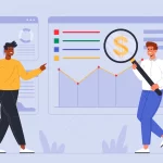 Ilustração de dois profissionais analisando gráficos e métricas de vendas em um painel digital, com destaque para o símbolo de dinheiro