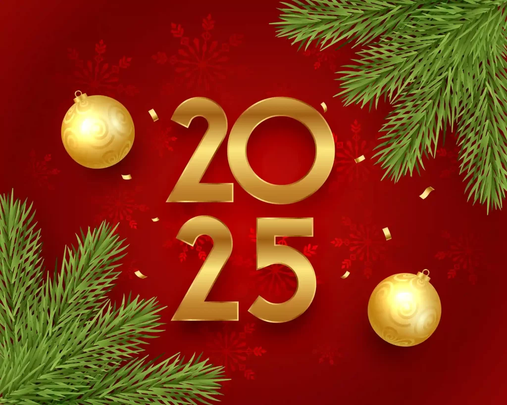 Número dourado 2025 sobre fundo vermelho com pinhos e bolas de Natal douradas, simbolizando o Natal 2025 e o início do período pós-Black Friday