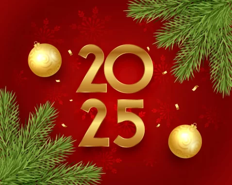 Número dourado 2025 sobre fundo vermelho com pinhos e bolas de Natal douradas, simbolizando o Natal 2025 e o início do período pós-Black Friday