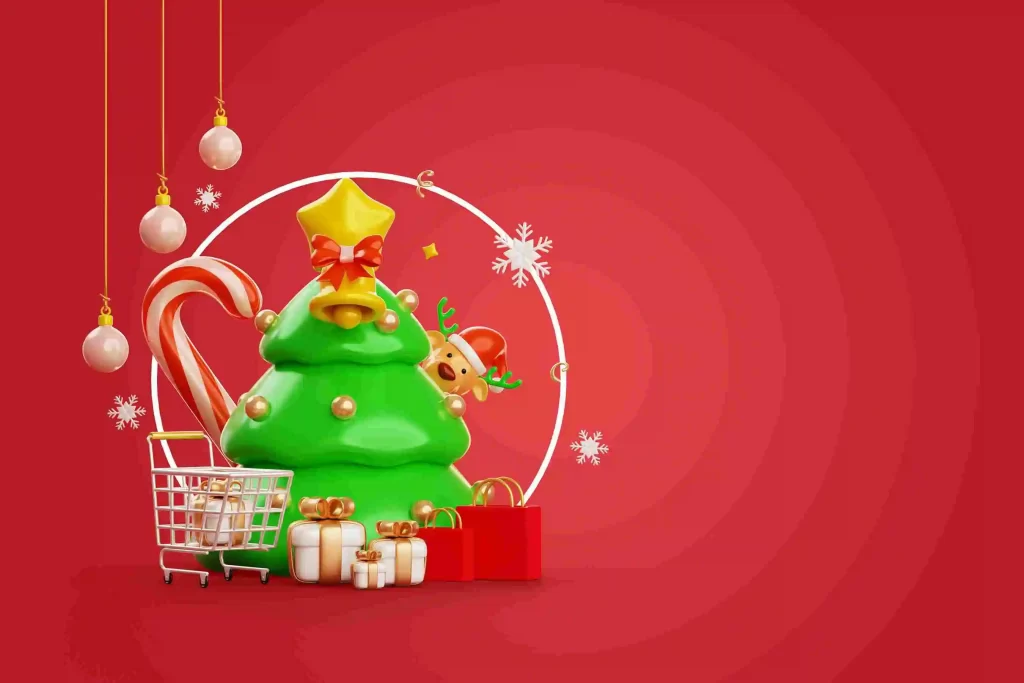 Ilustração 3D de árvore de Natal com presentes, carrinho de compras e enfeites dourados sobre fundo vermelho, simbolizando o aumento das vendas natalinas