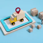 Ilustração de caminhão sobre um tablet com marcador de localização vermelho, cercado por miniaturas de caixas e figuras humanas, simbolizando logística digital e otimizar frete no Mercado Livre