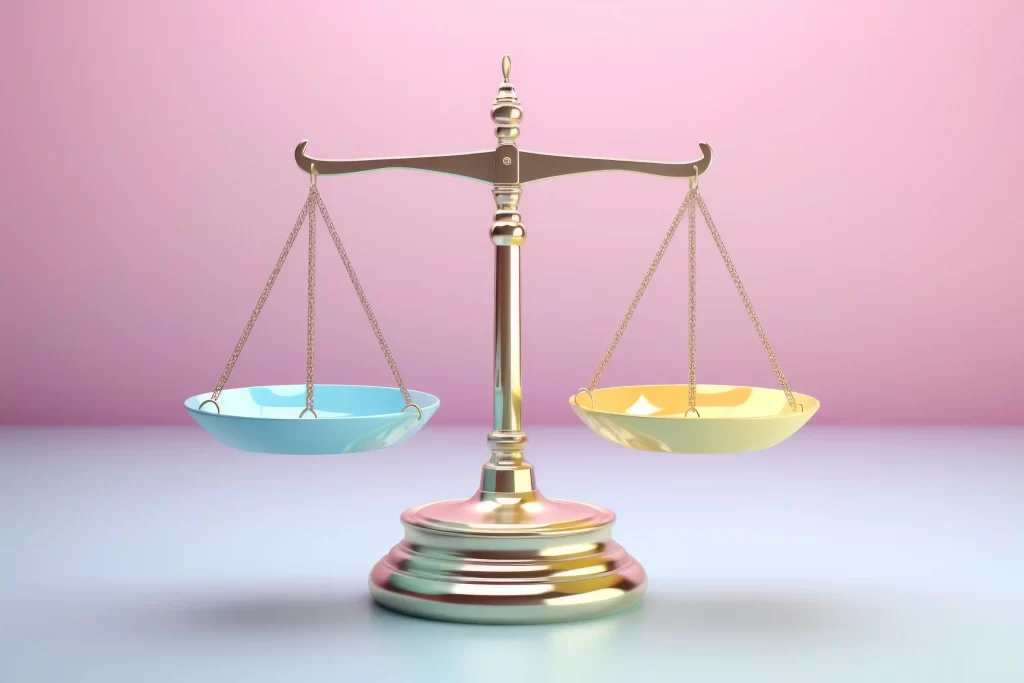 Balança dourada equilibrando dois pratos coloridos, simbolizando comparação entre produtos recorrentes e produtos de entrada no Mercado Livre