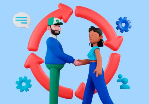 Ilustração 3D de duas pessoas apertando as mãos com setas de ciclo ao fundo, simbolizando fidelização e relacionamento contínuo com clientes recorrentes