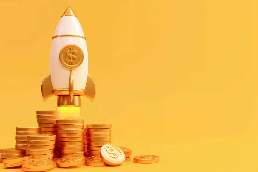 Ilustração de foguete dourado decolando sobre pilhas de moedas, representando crescimento acelerado e aumento de lucro com a regra 80/20 no MeLi