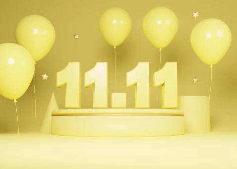 Ilustração do evento 11/11 com decoração festiva destacando o 11/11 bate recordes no Mercado Livre
