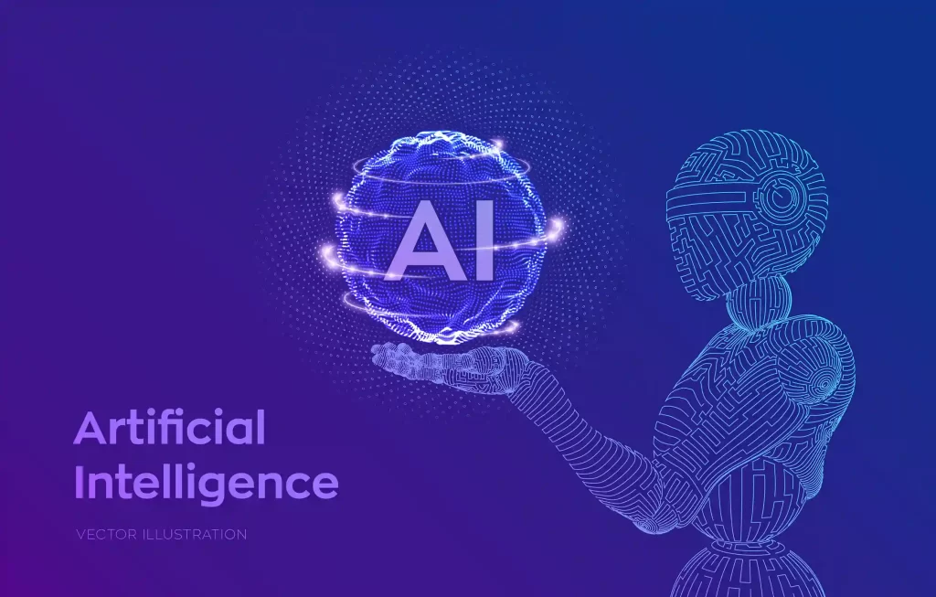 Ilustração digital de robô segurando um globo brilhante com as letras AI, representando o uso da inteligência artificial na Black Friday