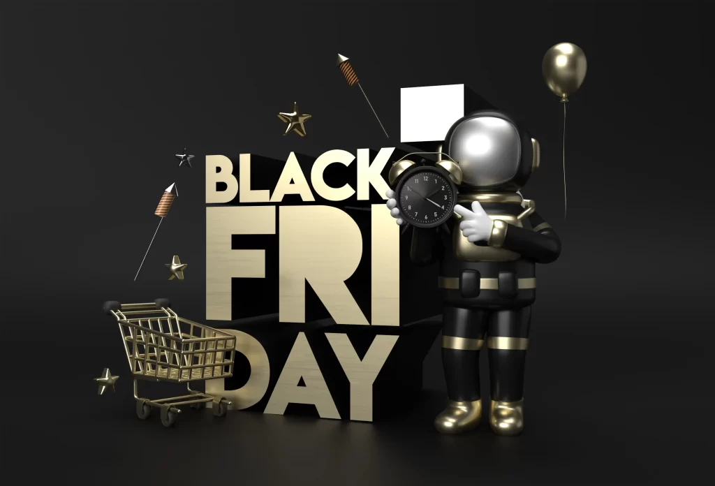 Robô da IA com relógio na mão ao lado de um carrinho de compras dourado e letreiro Black Friday, simbolizando a contagem regressiva impulsionada pela IA na Black Friday