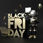 Robô da IA com relógio na mão ao lado de um carrinho de compras dourado e letreiro Black Friday, simbolizando a contagem regressiva impulsionada pela IA na Black Friday