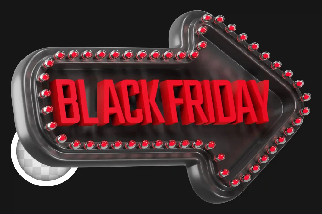 Seta iluminada com luzes vermelhas e a frase “Black Friday” em destaque