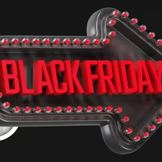 Seta iluminada com luzes vermelhas e a frase “Black Friday” em destaque