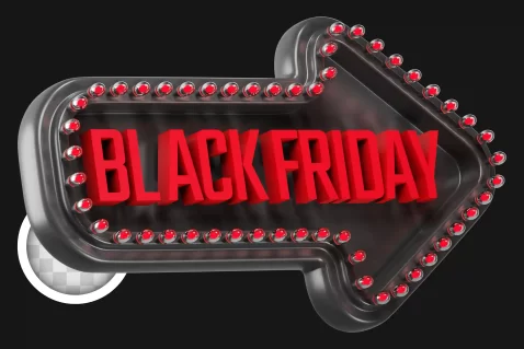 Seta iluminada com luzes vermelhas e a frase “Black Friday” em destaque