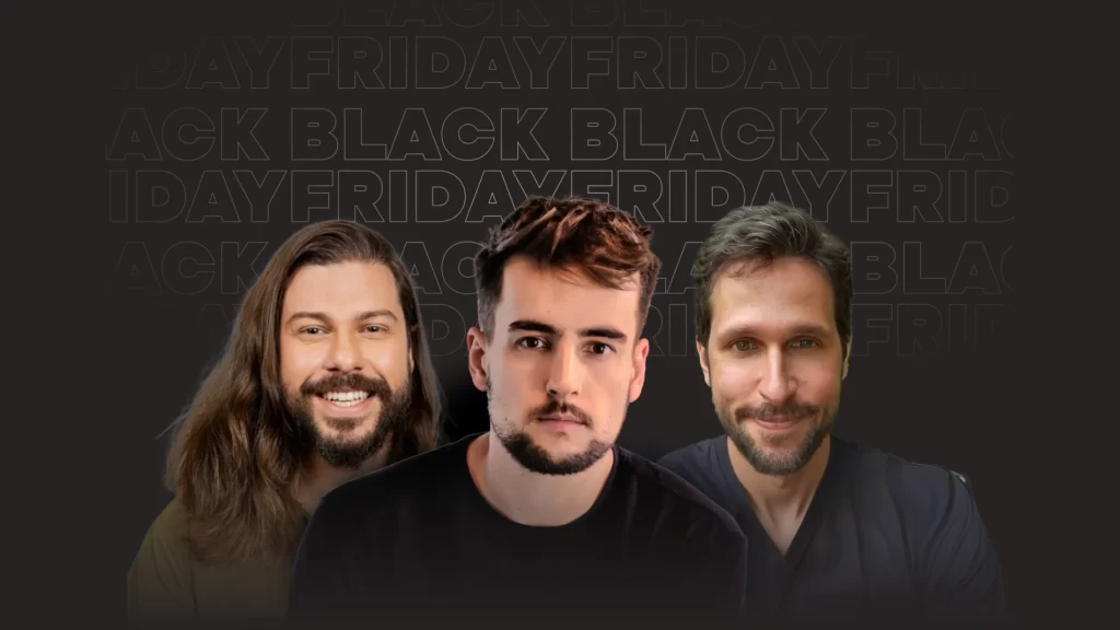 Imagem promocional com três especialistas do Desafio Black Friday JoomPulse com Gabriel Bollico, em fundo preto com o texto repetido ‘Black Friday’