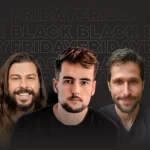 Imagem promocional com três especialistas do Desafio Black Friday JoomPulse com Gabriel Bollico, em fundo preto com o texto repetido ‘Black Friday’