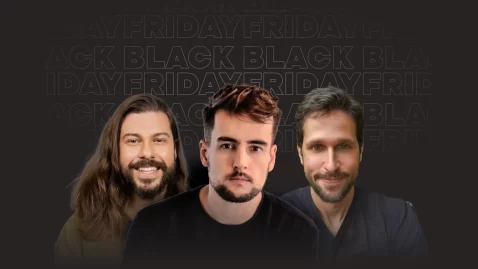 Imagem promocional com três especialistas do Desafio Black Friday JoomPulse com Gabriel Bollico, em fundo preto com o texto repetido ‘Black Friday’