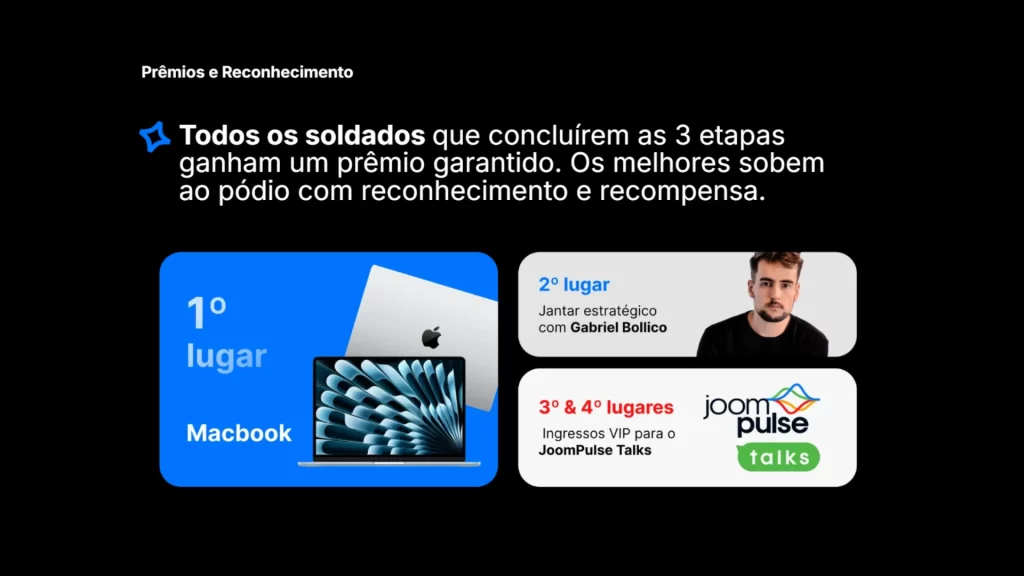 Banner com prêmios do Desafio Black Friday JoomPulse com Gabriel Bollico, mostrando MacBook, jantar estratégico e ingressos para o JoomPulse Talks