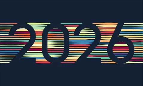 Ilustração colorida com o número 2026 formado por linhas horizontais